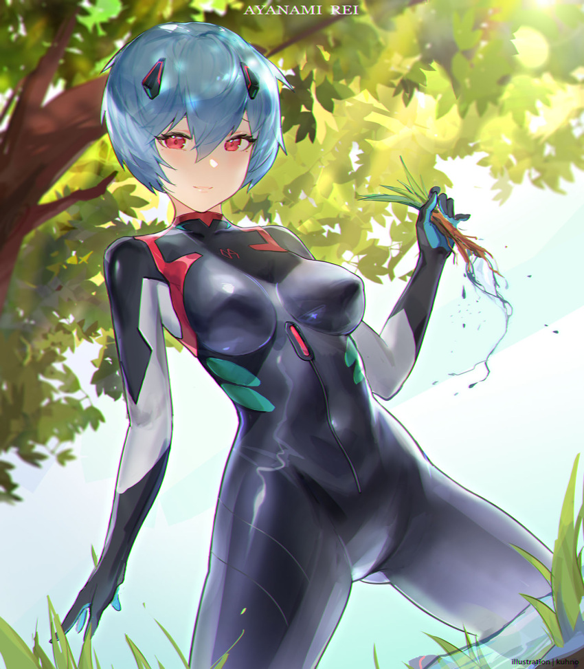 1girl ayanami_rei bangs black_bodysuit blue_hair bodysuit breasts eva_(metal_gear) eyebrows_behind_hair hair_between_eyes hair_ornament hairclip highres holding kuhnowushi looking_at_viewer neon_genesis_evangelion plugsuit red_eyes seedling short_hair smile solo standing sunlight tree