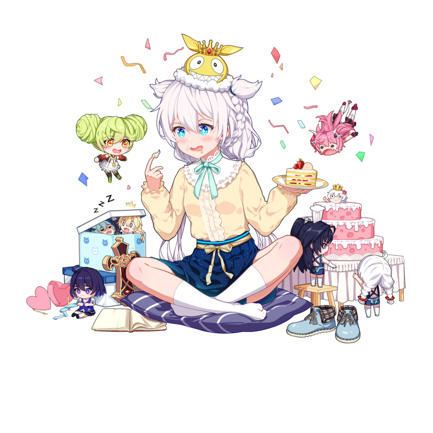 1boy 6+girls ai-chan_(honkai_impact) birthday birthday_cake black_hair blonde_hair blue_eyes blue_hair book braid cake cake_slice chef_hat chibi confetti cross_(weapon) crossed_legs double_bun food gift green_hair happy happy_birthday hat hbb heart highres homu_(honkai_impact) honkai_(series) honkai_impact_3rd kiana_kaslana liliya_olenyeva long_hair long_sleeves multiple_girls open_mouth orange_eyes otto_apocalypse pillow plate purple_hair raiden_mei rozaliya_olenyeva saliva seele_vollerei shoes shoes_removed sitting sleeping socks theresa_apocalypse twin_braids violet_eyes white_hair white_legwear