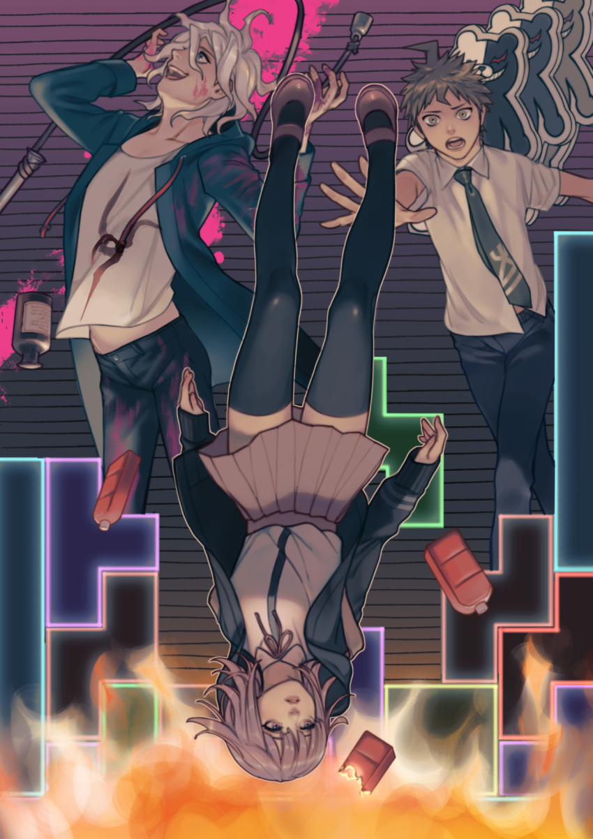 1girl 2boys :d ahoge backpack bag black_jacket black_legwear black_pants black_shirt blood blood_on_face bottle brown_hair collared_shirt dangan_ronpa_(series) dangan_ronpa_2:_goodbye_despair fire flipped_hair green_jacket green_neckwear grey_hair hair_between_eyes highres hinata_hajime hood hood_down hooded_jacket jacket komaeda_nagito long_sleeves medium_hair messy_hair monokuma multiple_boys nanami_chiaki neck_ribbon necktie open_clothes open_jacket open_mouth pants parted_lips pink_eyes pink_footwear pink_ribbon pleated_skirt print_shirt rei_(tdn_ng) ribbon shiny shiny_hair shirt shirt_tucked_in shoes short_hair short_sleeves skirt smile striped striped_background symbol_commentary tetris thigh-highs upper_teeth upside-down white_shirt zettai_ryouiki