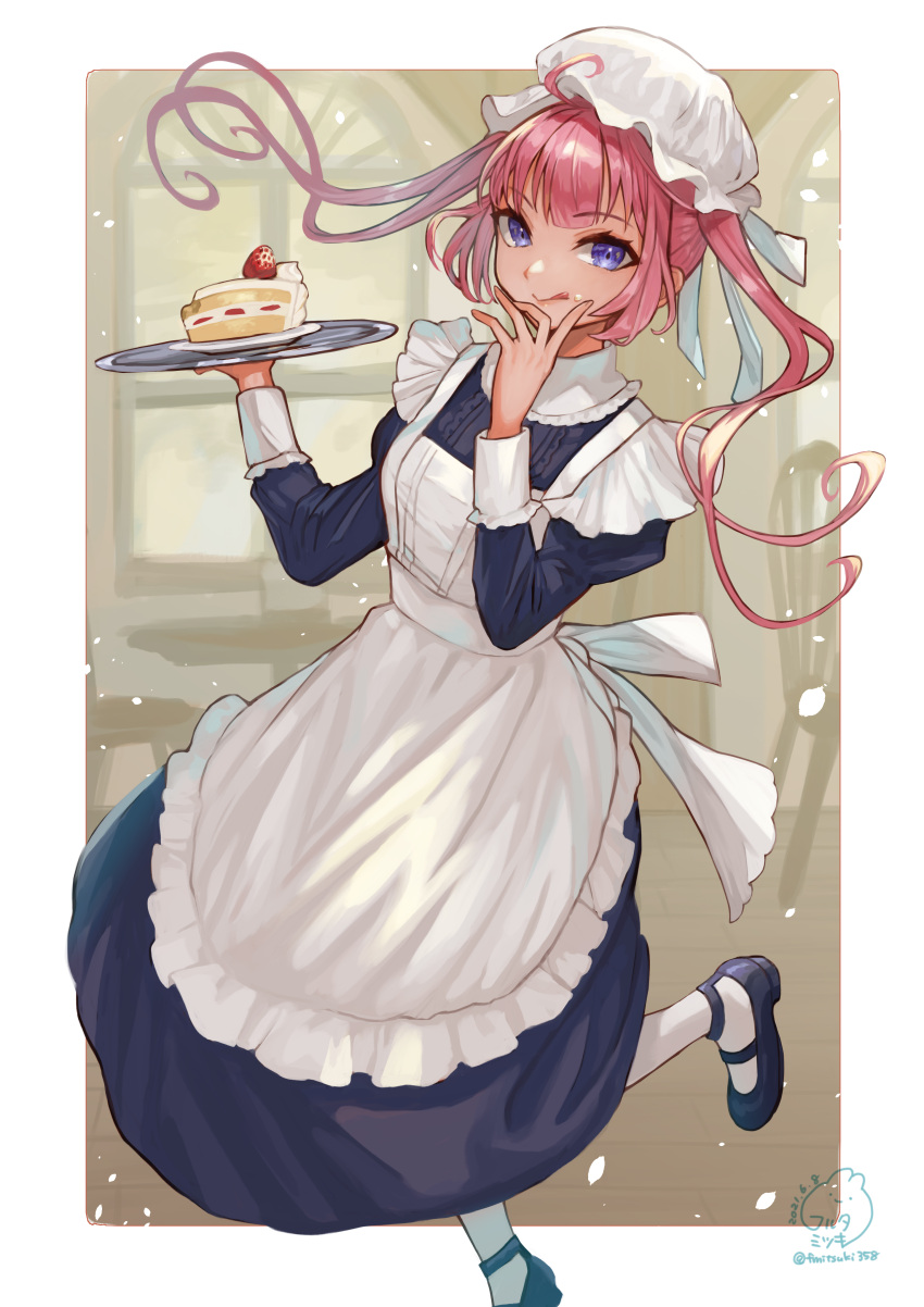 1girl absurdres apron black_dress blurry blurry_background dress eyebrows_visible_through_hair highres long_sleeves looking_at_viewer maid maid_apron maid_headdress mary_janes original pinafore_dress pink_hair sangatsu_(mitsuki358) shoes signature solo standing standing_on_one_leg tongue tongue_out twintails violet_eyes waitress white_legwear