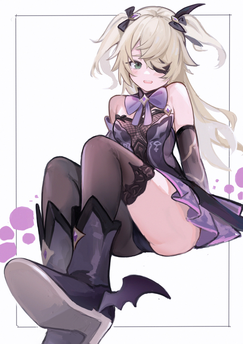 1girl absurdres bangs bare_shoulders black_gloves black_legwear black_ribbon blonde_hair boots bow bowtie breasts elbow_gloves eyepatch fischl_(genshin_impact) genshin_impact gloves green_eyes hair_ribbon highres long_hair looking_at_viewer nagata_gata open_mouth purple_bow purple_neckwear ribbon single_leg_pantyhose single_thighhigh sitting small_breasts solo thigh-highs thighs two_side_up white_background