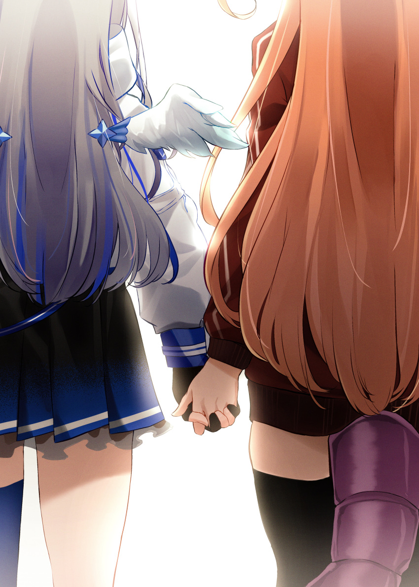 2girls absurdres amane_kanata angel angel_wings black_gloves black_legwear black_skirt blue_hair blue_legwear blue_skirt blue_wings colored_inner_hair commentary_request dragon_girl dragon_tail feathered_wings feet_out_of_frame from_behind gloves gradient gradient_skirt gradient_wings highres hiroikara_(smhong04) holding_hands hololive hood hood_down hooded_jacket huge_filesize interlocked_fingers jacket kiryu_coco long_hair long_sleeves multicolored multicolored_hair multicolored_wings multiple_girls official_alternate_costume partially_fingerless_gloves pleated_skirt red_jacket side-by-side silver_hair simple_background skirt standing tail thigh-highs track_jacket virtual_youtuber white_background white_jacket white_wings wings