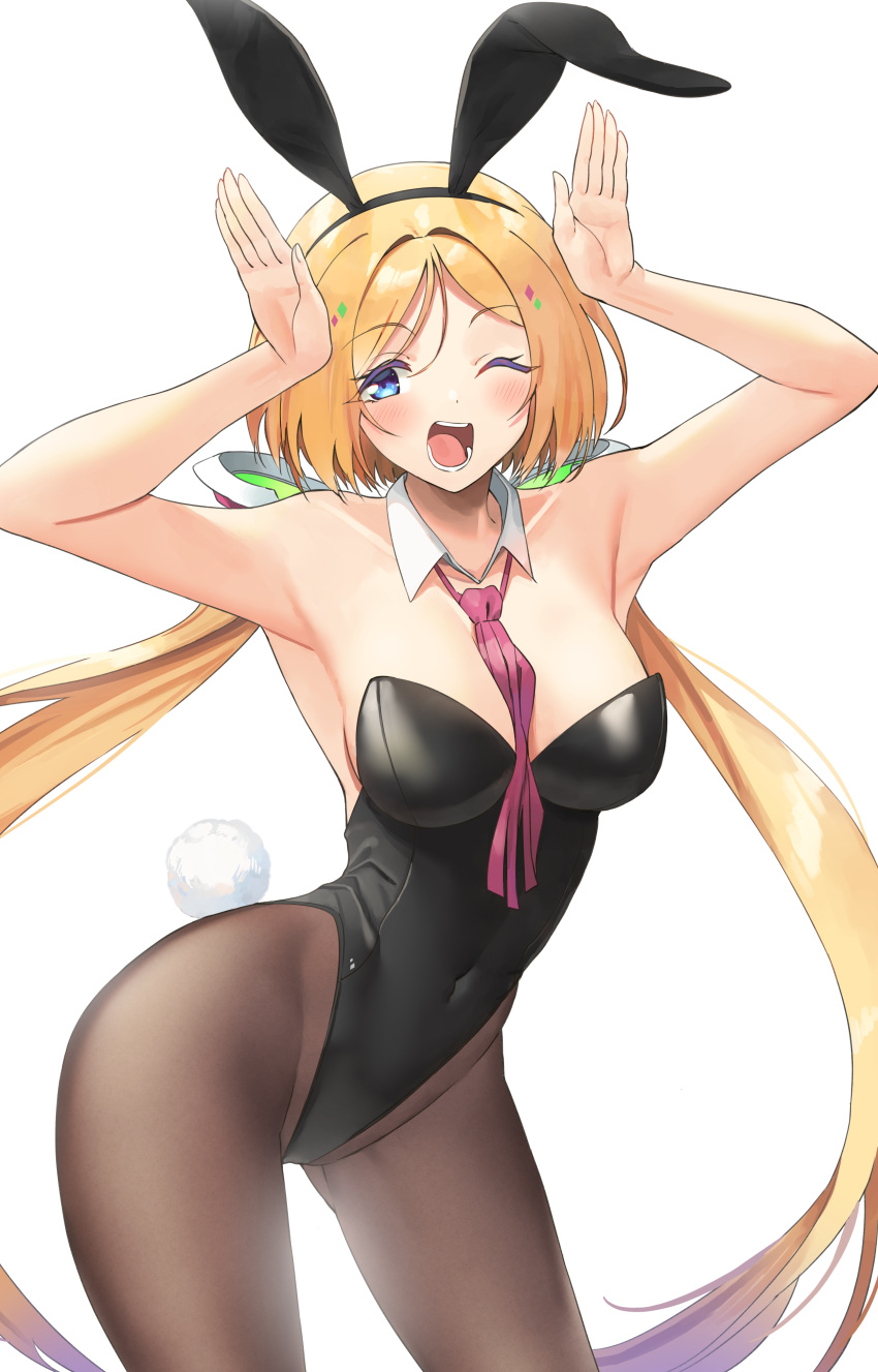 1girl absurdres aki_rosenthal animal_ears bangs blonde_hair bob_cut breasts bunny_tail detached_collar detached_hair electriccross elf fake_animal_ears fake_tail headgear highres hololive large_breasts leotard long_hair low_twintails pantyhose parted_bangs playboy_bunny playboy_bunny_leotard pointy_ears rabbit_ears short_hair smile solo strapless strapless_leotard tail twintails violet_eyes virtual_youtuber wing_collar