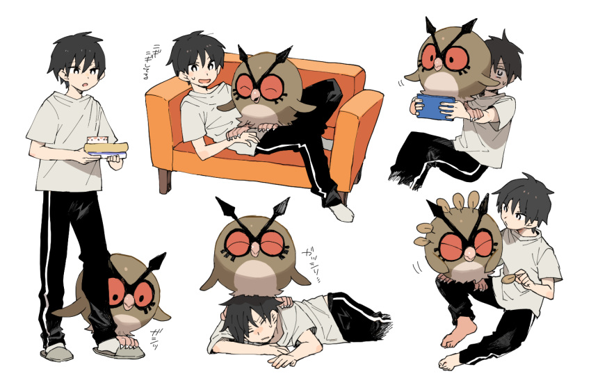 1boy bangs barefoot bird black_hair black_pants closed_eyes commentary_request couch gen_2_pokemon grey_footwear holding hoothoot male_focus multiple_views newo_(shinra-p) on_lap pants pokemon pokemon_(creature) pokemon_on_lap shirt short_hair short_sleeves simple_background slippers socks standing sweatdrop t-shirt toes translation_request white_background