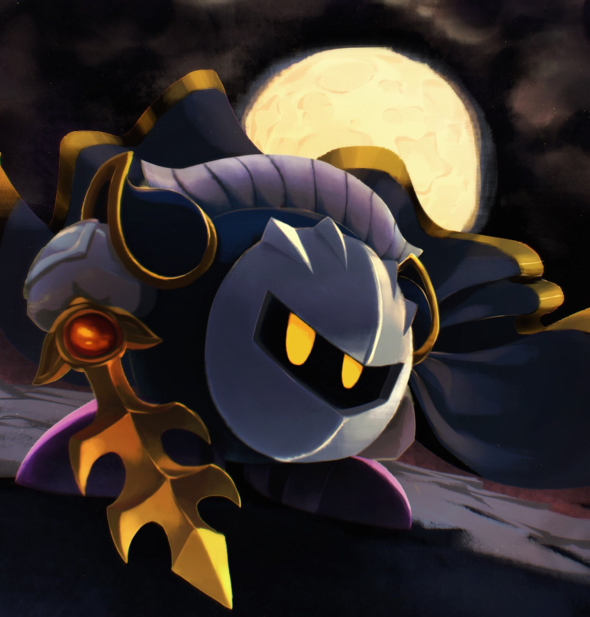 armor cape dutch_angle floating_cape full_body full_moon galaxia_(sword) gender_request gloves gold_trim highres holding holding_sword holding_weapon kirby_(series) mask meta_knight moon night no_humans pauldrons purple_footwear shadow shoulder_armor solo suyasuyabi sword weapon yellow_eyes