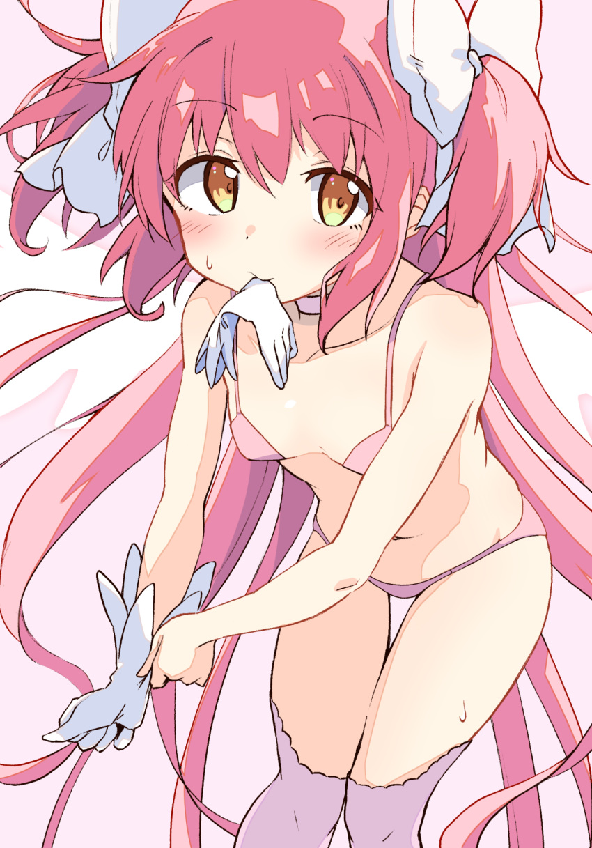 1girl absurdly_long_hair adjusting_clothes adjusting_gloves alternate_costume bare_arms bent_over bra breasts choker closed_mouth collarbone dot_nose eyebrows_visible_through_hair feet_out_of_frame gloves gloves_removed goddess_madoka hair_ribbon highres hip_bones hiyama_yuki kaname_madoka knees_together_feet_apart light_blush long_hair looking_at_viewer mahou_shoujo_madoka_magica micro_panties mouth_hold navel nervous panties pink_background pink_bra pink_hair pink_legwear pink_panties revealing_clothes ribbon simple_background small_breasts solo stomach sweatdrop thigh-highs thigh_gap thighs two_side_up underwear underwear_only very_long_hair white_choker white_gloves white_ribbon white_wings wings yellow_eyes