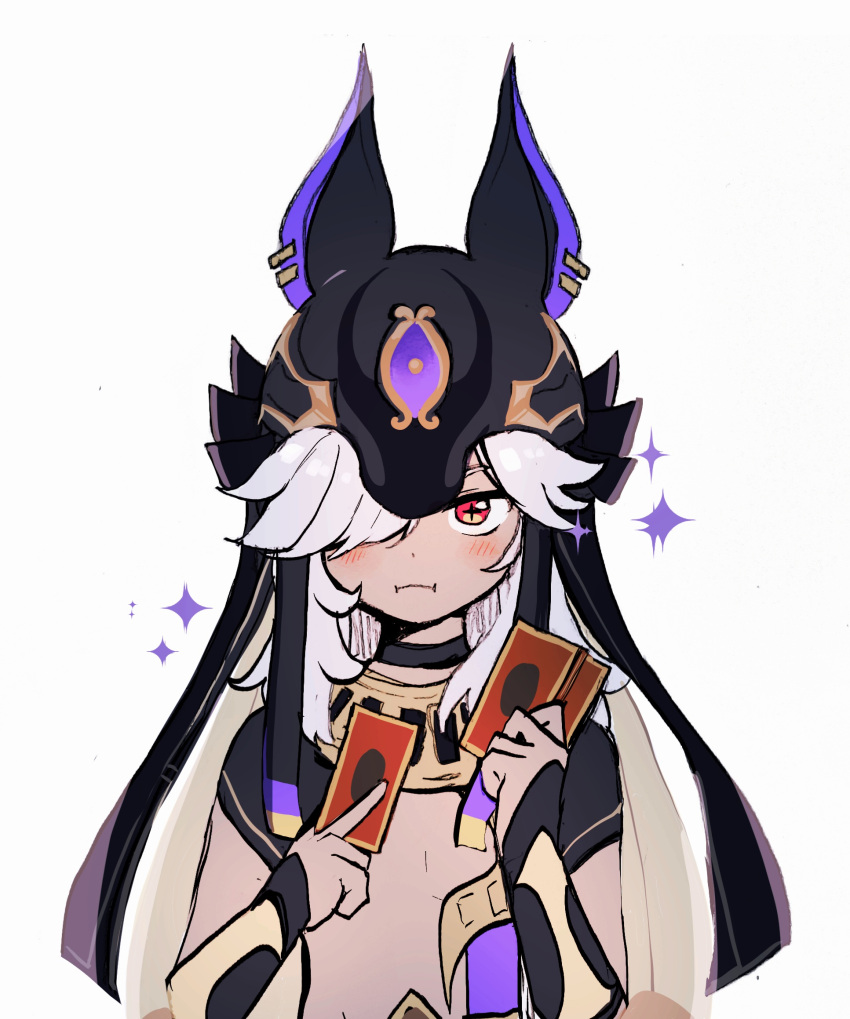 +_+ 1boy 5rwpvc :i animal_hat bangs black_choker black_headwear card choker closed_mouth cyno_(genshin_impact) dark-skinned_male dark_skin egyptian_clothes genshin_impact hair_over_one_eye hat highres holding holding_card korean_commentary long_hair looking_at_viewer male_focus playing_card red_eyes simple_background solo sparkle upper_body white_background white_hair yu-gi-oh!