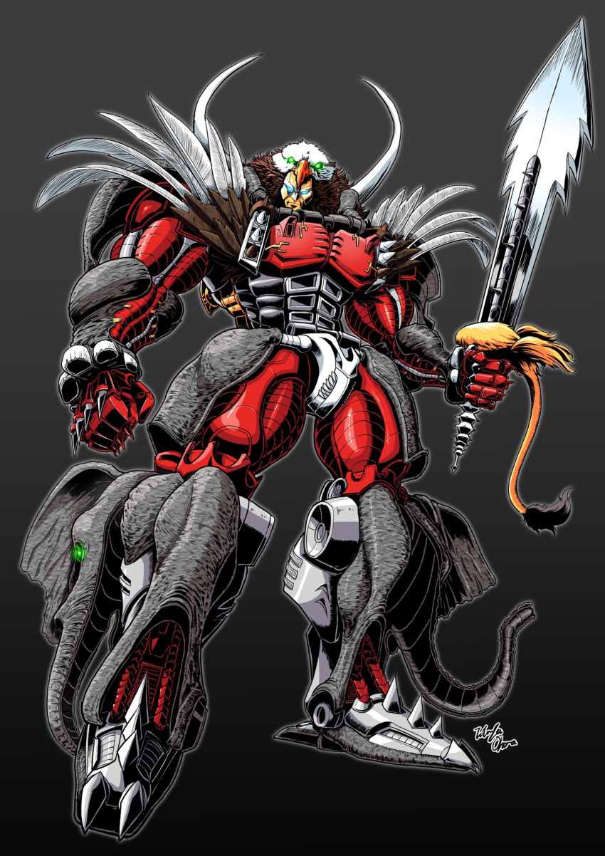 beast_wars beast_wars_ii blue_eyes clenched_hand extra_eyes glowing glowing_eyes green_eyes head_tilt highres holding holding_sword holding_weapon looking_at_viewer magnaboss maximal mecha no_humans oohara_tetsuya science_fiction signature solo sword transformers tusks weapon