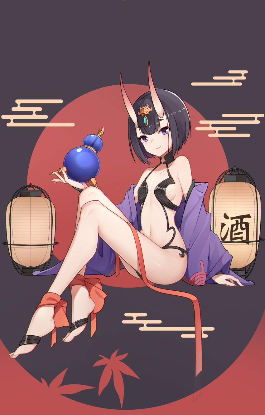 1girl absurdres bangs bare_shoulders barefoot_sandals bob_cut breasts bridal_gauntlets collarbone eyeliner fate/grand_order fate_(series) gourd headpiece highres horns japanese_clothes kimono lantern legs long_sleeves looking_at_viewer makeup navel off_shoulder oni oni_horns open_clothes open_kimono paper_lantern purple_hair purple_kimono revealing_clothes short_hair shuten_douji_(fate) skin-covered_horns small_breasts smile solo supergoat violet_eyes wide_sleeves