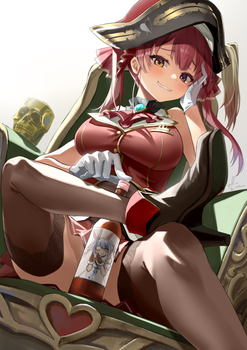 1girl absurdres alcohol animal_ears armchair bangs bicorne black_headwear blush breasts brooch buttons chair commentary_request eyebrows_visible_through_hair gold_trim hair_ribbon hat heterochromia highres hololive houshou_marine jacket jewelry kito_koruta large_breasts one_eye_closed pirate red_eyes red_jacket red_ribbon redhead ribbon signature sleeveless sleeveless_jacket smile thigh-highs twintails usada_pekora virtual_youtuber white_background yellow_eyes