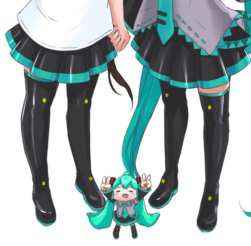 3girls =_= aqua_hair aqua_neckwear black_legwear black_skirt black_sleeves brown_hair chibi chibi_miku_(mayo_riyo) commentary detached_sleeves double_v grey_shirt hair_ornament hatsune_miku highres holding_hands long_hair looking_at_viewer lower_body mayo_riyo miniskirt multiple_girls multiple_persona necktie open_mouth pleated_skirt shirt skirt sleeveless sleeveless_shirt smile standing thigh-highs twintails v very_long_hair vocaloid white_background zettai_ryouiki