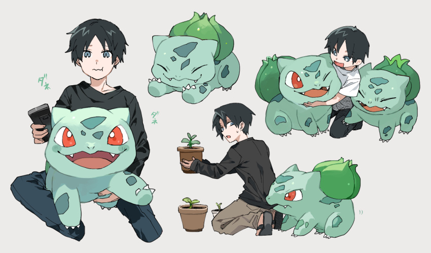 1boy :t age_progression bangs black_hair black_pants blue_eyes blush blush_stickers bulbasaur child claws closed_eyes collarbone commentary_request controller eating eye_contact fangs full_body gen_1_pokemon grey_background hands_up happy holding hug kneeling looking_at_another looking_back looking_down male_focus mouth_hold multiple_views newo_(shinra-p) one_eye_closed open_mouth pants plant pokemon pokemon_(creature) potted_plant red_eyes remote_control shiny shiny_hair shirt shirt_tug short_hair short_sleeves simple_background sitting sleeves_past_wrists smile stretch sweat wavy_mouth white_shirt