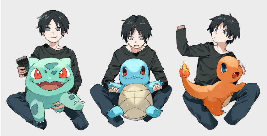 1boy :i arm_up bangs black_hair black_shirt bulbasaur charmander commentary_request fangs fire gen_1_pokemon grey_eyes highres holding holding_pokemon holding_remote_control long_sleeves looking_at_viewer looking_up male_focus multiple_views newo_(shinra-p) on_lap open_mouth pants pokemon pokemon_(creature) pokemon_on_lap red_eyes shirt short_hair sitting smile spread_legs squirtle starter_pokemon_trio tongue wavy_mouth