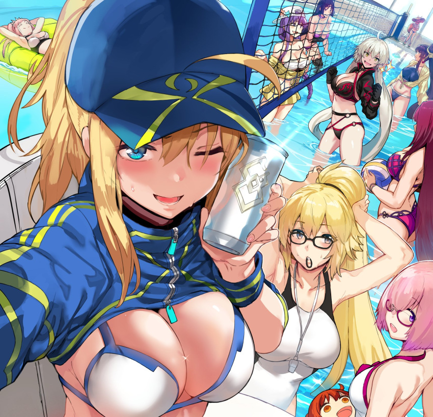 ahoge animal_ears artoria_pendragon_(all) ball bangs bb_(fate)_(all) bb_(swimsuit_mooncancer)_(fate) bikini black_eyes black_gloves black_hair blonde_hair blue_eyes breasts can closed_eyes collarbone crossed_legs fate/grand_order fate_(series) fox_ears fox_girl fox_tail fujimaru_ritsuka_(female) full_body glasses gloves hair_between_eyes hair_over_one_eye hat hews highres holding holding_ball holding_can jacket jeanne_d'arc_(alter_swimsuit_berserker)_(fate) jeanne_d'arc_(fate)_(all) jeanne_d'arc_(swimsuit_archer)_(fate) lifebuoy long_hair looking_at_viewer looking_back lying mash_kyrielight medb_(fate)_(all) medb_(swimsuit_saber)_(fate) minamoto_no_raikou_(fate) minamoto_no_raikou_(swimsuit_lancer)_(fate) multiple_girls mysterious_heroine_xx_(fate) open_mouth orange_eyes orange_hair pink_hair ponytail pool scathach_(fate)_(all) scathach_(swimsuit_assassin)_(fate) short_hair silver_hair sitting skirt smile swimsuit tail tamamo_(fate)_(all) tamamo_no_mae_(swimsuit_lancer)_(fate) twintails upper_body ushiwakamaru_(fate) ushiwakamaru_(swimsuit_assassin)_(fate) violet_eyes volleyball volleyball_net yellow_eyes