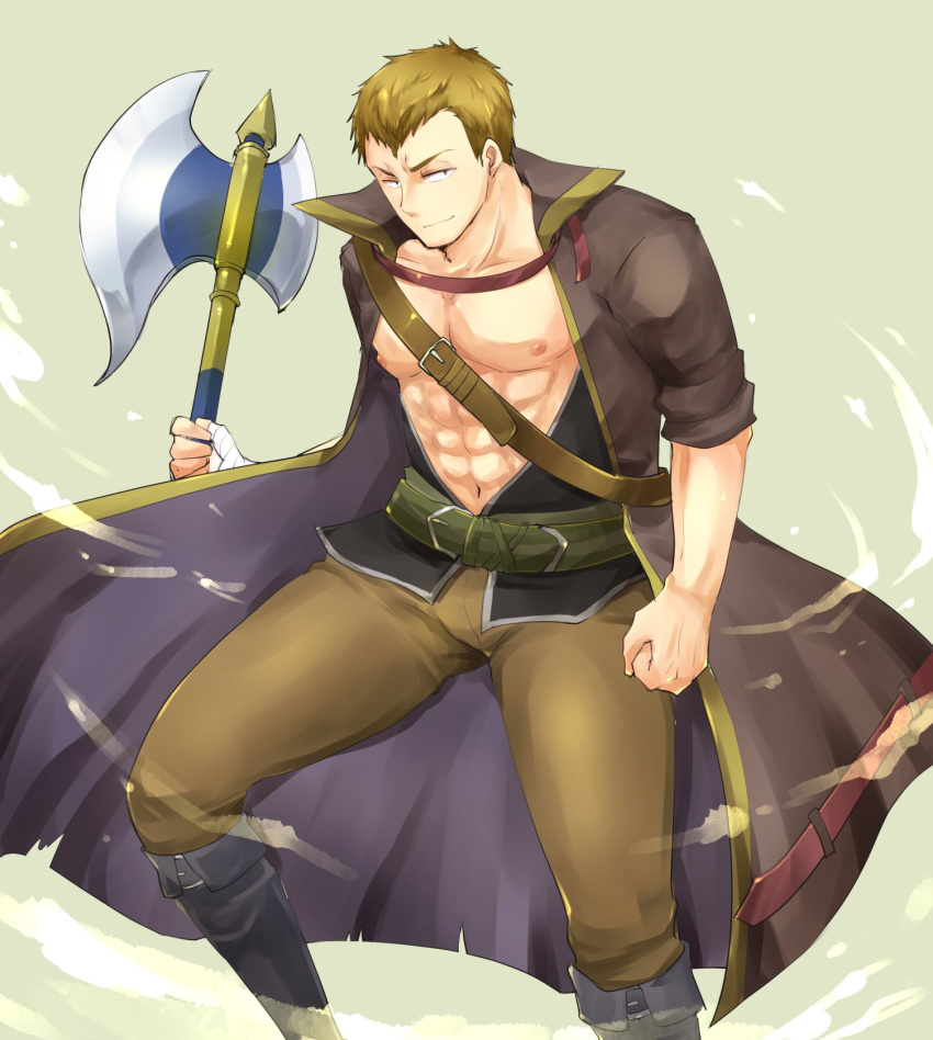 1boy abs axe bandages belt blonde_hair boots brown_eyes fire_emblem fire_emblem:_the_blazing_blade full_body highres holding holding_axe holding_weapon linus_(fire_emblem) male_focus manly navel open_clothes open_shirt pectorals shougayaki_(kabayaki_3) teeth transparent_background weapon