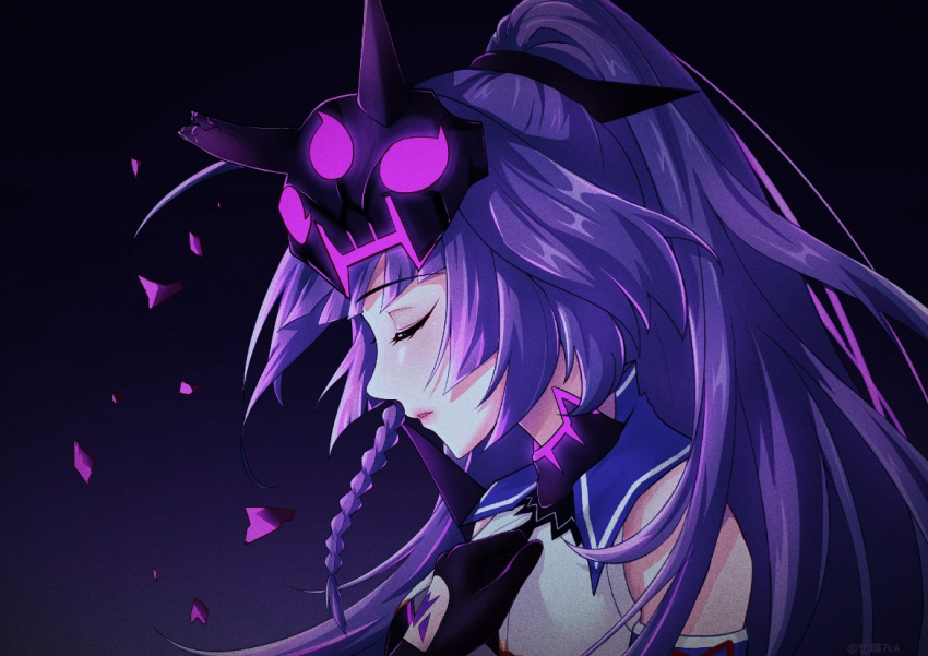 1girl bare_shoulders black_hair braid closed_eyes closed_mouth crack honkai_(series) honkai_impact_3rd lipstick long_hair looking_down looking_to_the_side makeup mask mask_on_head ponytail purple_background raiden_mei raiden_mei_(lightning_empress) sad solo ye_miao_7ka