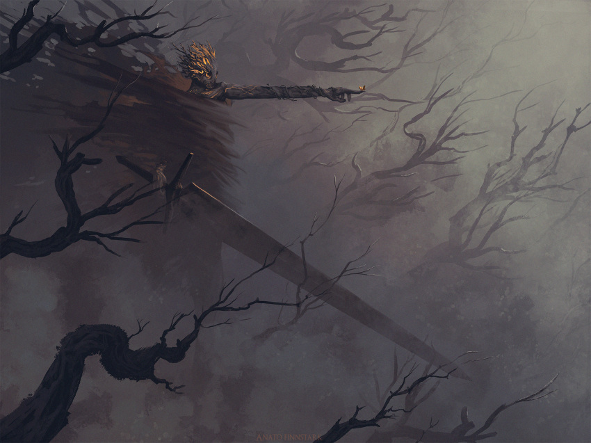 anato_finnstark artist_name bare_tree bug butterfly cape commentary english_commentary fantasy grey_theme highres holding holding_sword holding_weapon insect original plant pointing spirit sword torn_cape torn_clothes tree vines weapon