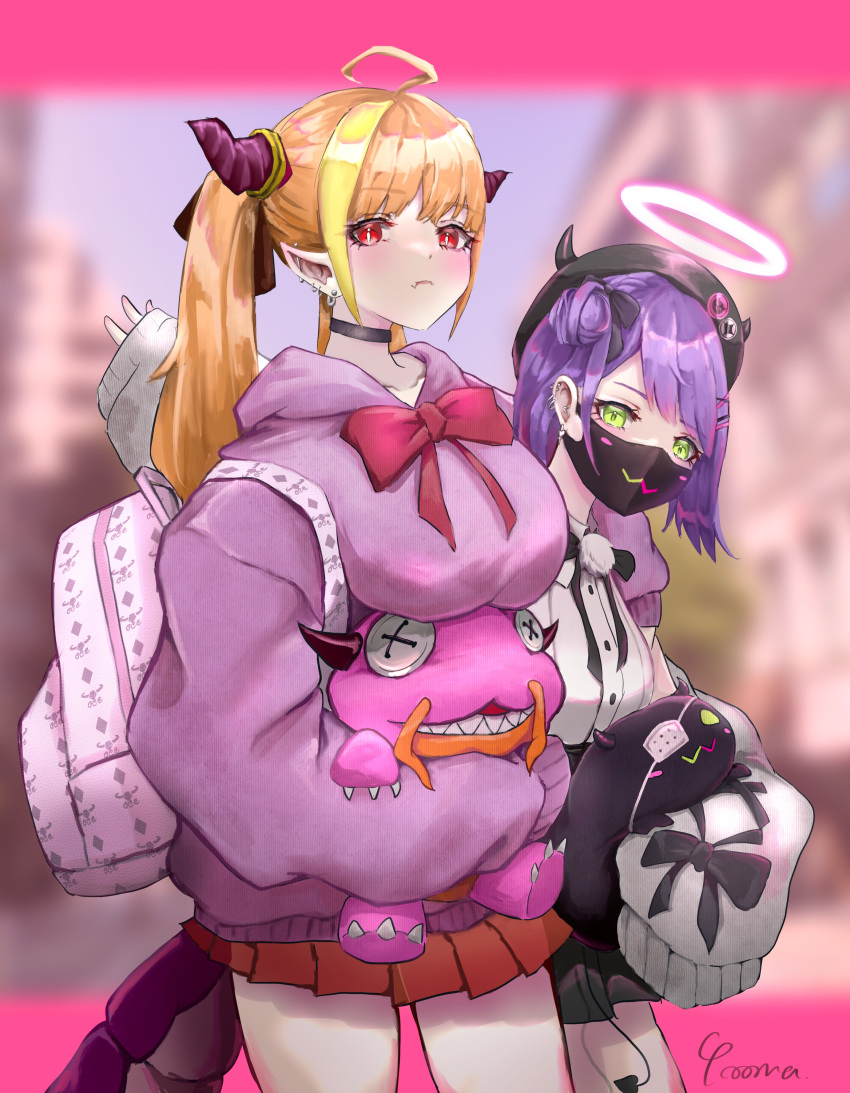 2girls absurdres ahoge alternate_costume backpack bag beret bibi_(tokoyami_towa) black_headwear blonde_hair blush breasts dragon_horns dragon_tail eyebrows_behind_hair fang fang_out fashion green_eyes hair_behind_ear halo hat highres holding holding_stuffed_toy hololive hood hoodie horns kiryu_coco kiryu_coco_(dragon) large_breasts mask mcm_(brand) mouth_mask multicolored_hair multiple_girls official_alternate_costume orange_skirt pink_bag pointy_ears purple_hair purple_hoodie side_bun skin_fang skirt sleeves_past_fingers sleeves_past_wrists streaked_hair stuffed_toy tail tokoyami_towa twintails virtual_youtuber yo_na