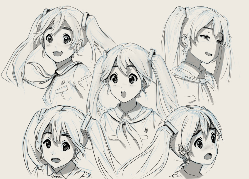 1girl :d :o commentary english_commentary greyscale hair_ornament half-closed_eyes hatsune_miku highres honeybunny-art kakifly_(style) long_hair looking_at_viewer monochrome multiple_views neckerchief open_mouth sketch smile twintails upper_body very_long_hair vocaloid worried