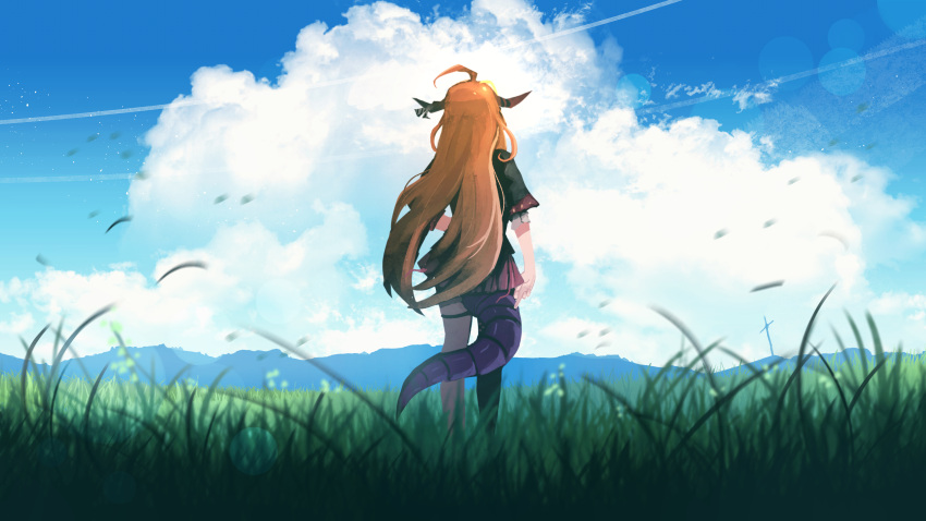 1girl absurdres ahoge anonamos black_shirt bow clouds cloudy_sky commentary_request day dragon_girl dragon_horns dragon_tail english_commentary from_behind grass highres hololive horns kiryu_coco long_hair middle_finger miniskirt mixed-language_commentary orange_hair outdoors red_skirt shirt single_thighhigh skirt sky solo standing tail thigh-highs thigh_strap very_long_hair wind