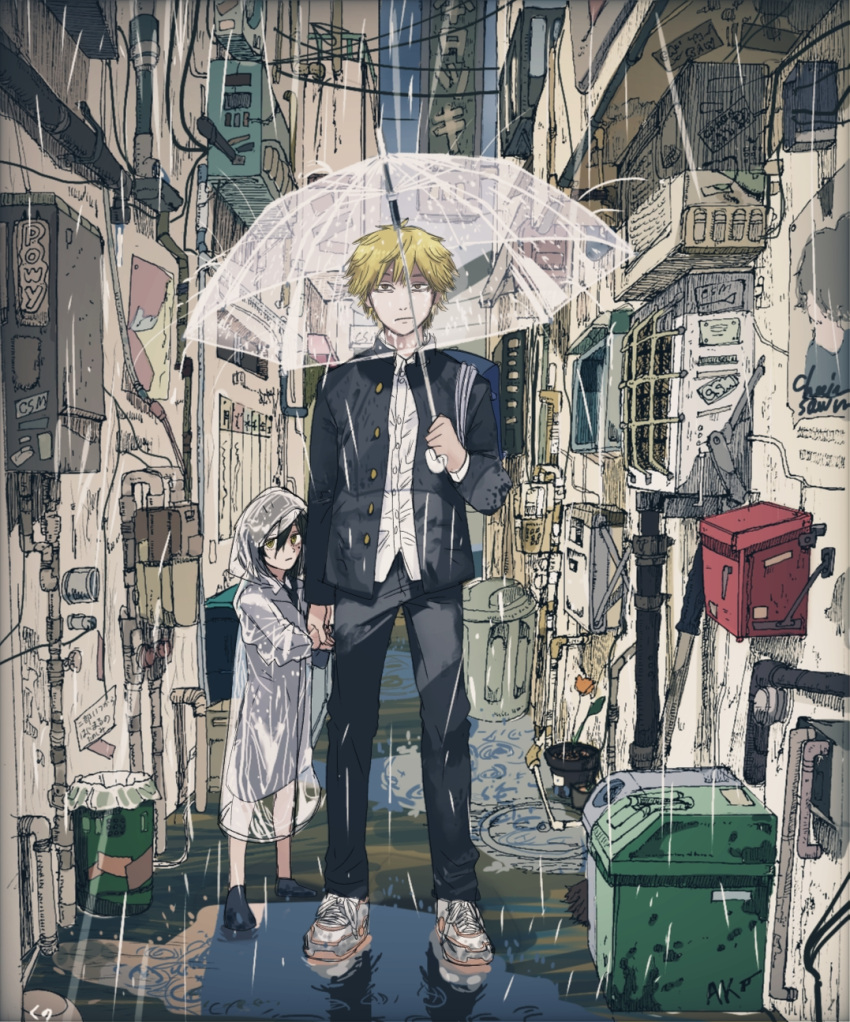 1boy 1girl age_difference air_conditioner alley backpack bag black_dress black_footwear black_hair black_jacket black_pants blonde_hair buttons cable chainsaw_man collared_shirt denji_(chainsaw_man) dress dress_shirt expressionless gakuran height_difference highres holding holding_hand holding_umbrella jacket kuno_(9_1_kuno_ichi) long_sleeves looking_at_viewer manhole_cover mole mole_under_eye nayuta_(chainsaw_man) pants pipes plant poster_(object) potted_plant power_lines puddle rain raincoat ringed_eyes ripples scenery school_uniform see-through shirt shoes sign sleeveless sleeveless_dress sneakers standing sticker transparent transparent_umbrella tsurime umbrella untucked_shirt white_footwear white_shirt wire yellow_eyes
