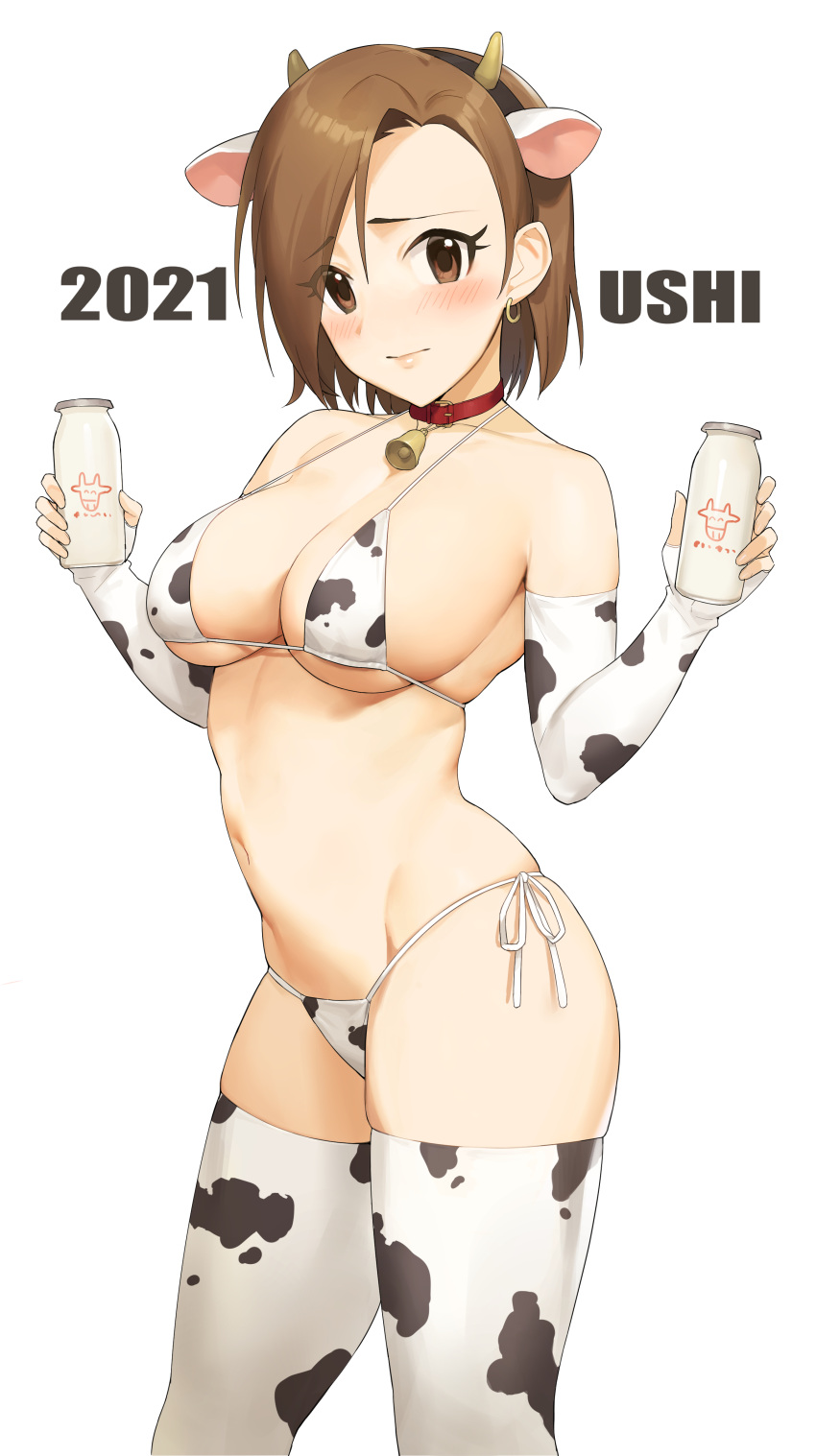 1girl 2021 absurdres animal_ears animal_print bangs bare_shoulders bell bikini blush bottle breasts brown_eyes brown_hair chinese_zodiac closed_mouth collar cow_ears cow_horns cow_print earrings elbow_gloves eyebrows_visible_through_hair fake_animal_ears fingerless_gloves gloves hands_up highres holding holding_bottle horns idolmaster idolmaster_cinderella_girls jewelry large_breasts looking_at_viewer milk_bottle mizuki_seira navel neck_bell new_year onao print_bikini print_legwear raised_eyebrows romaji_text shiny shiny_hair short_hair side-tie_bikini simple_background skindentation solo standing string_bikini swimsuit thigh-highs thighs under_boob white_background year_of_the_ox