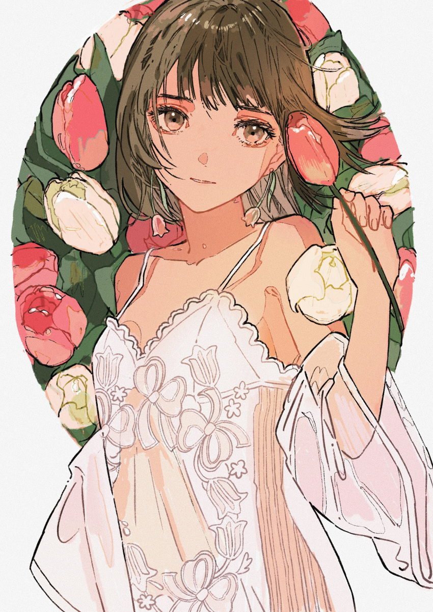 1girl absurdres bangs brown_eyes brown_hair camisole detached_sleeves earrings flower flower_earrings hand_up highres holding holding_flower jewelry leaf medium_hair original pink_flower qooo003 see-through shadow solo tulip upper_body white_camisole white_flower