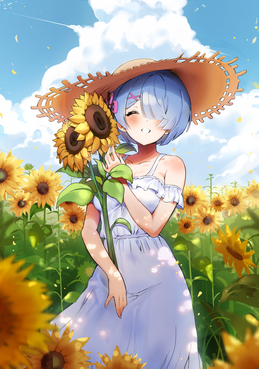 1girl absurdres blue_hair closed_eyes clouds collarbone commentary_request day dress facing_viewer field flower flower_field hair_ornament hat highres holding holding_flower oh_(aung_ae) outdoors petals re:zero_kara_hajimeru_isekai_seikatsu rem_(re:zero) short_hair smile solo summer sunflower white_dress x_hair_ornament yellow_flower
