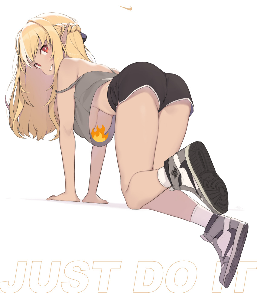1girl absurdres arm_support artist_name ass bangs bent_over blonde_hair blush braid breasts bright_pupils camisole censored cloba crop_top english_text from_side full_body grin hanging_breasts highres hololive large_breasts long_hair looking_at_viewer multicolored_hair nike pointy_ears red_eyes shiranui_flare shoes short_shorts shorts sidelocks simple_background smile sneakers solo strap_slip streaked_hair under_boob virtual_youtuber white_background white_hair