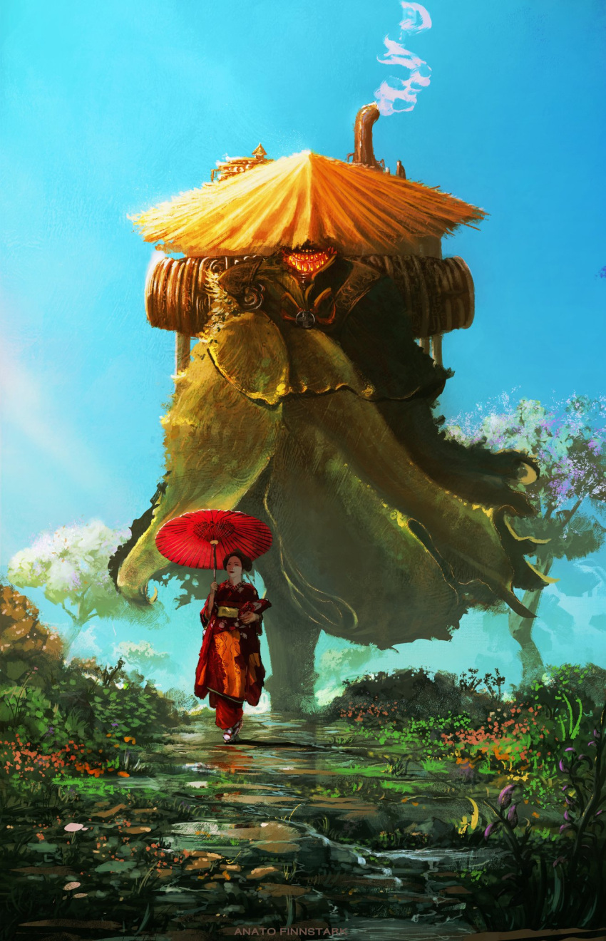 anato_finnstark artist_name blue_sky commentary english_commentary flower grass highres holding holding_umbrella japanese_clothes kimono obi oil-paper_umbrella original outdoors red_kimono red_umbrella sash sky smile smoke standing steampunk tree umbrella walking