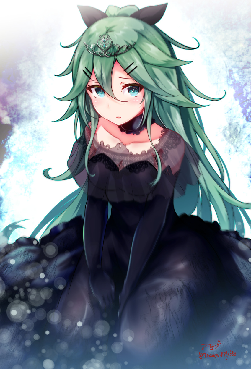1girl absurdres alternate_costume artist_name baileys_(tranquillity650) black_dress black_gloves black_ribbon blush collarbone commentary_request dress elbow_gloves gloves green_eyes green_hair hair_between_eyes hair_ribbon highres kantai_collection long_hair looking_at_viewer ponytail ribbon signature solo twitter_username yamakaze_(kancolle)