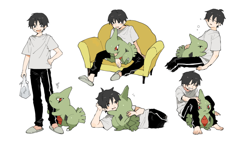 1boy bag bangs barefoot black_eyes black_hair black_pants bubble closed_eyes commentary_request couch gen_2_pokemon grey_footwear highres holding holding_bag larvitar lying male_focus multiple_views newo_(shinra-p) on_lap on_side pants pokemon pokemon_(creature) pokemon_on_lap shirt short_hair short_sleeves sitting slippers smile standing t-shirt toes