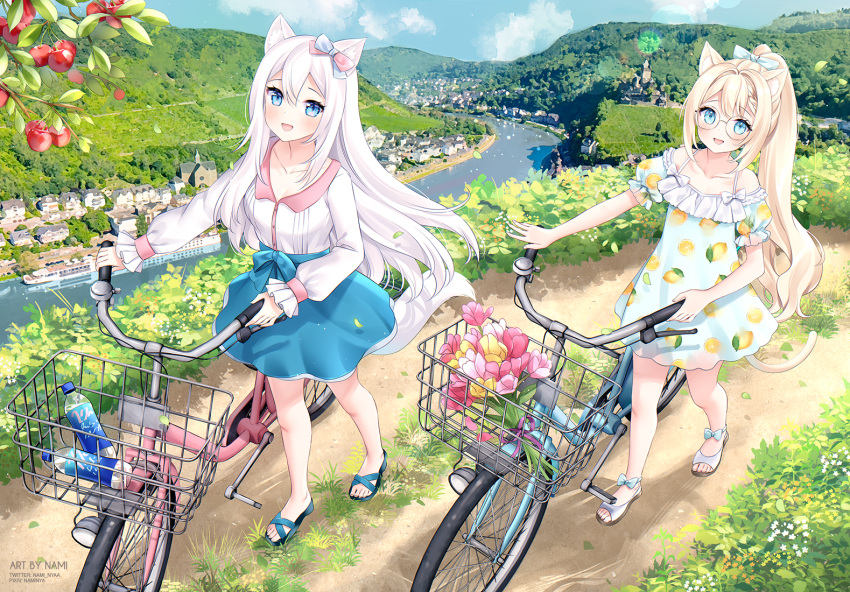2girls :d animal_ear_fluff animal_ears bare_shoulders bicycle blonde_hair blue_bow blue_dress blue_eyes blue_footwear blue_skirt blush bottle bow brown_footwear cat_ears cat_girl cat_tail cherry collarbone collared_shirt commentary day dress english_commentary flower food fruit glasses ground_vehicle hair_bow lemon_print long_hair long_sleeves looking_at_viewer multiple_girls nami_(nyaa) off-shoulder_dress off_shoulder open_mouth original outdoors pink_flower ponytail print_dress puffy_long_sleeves puffy_short_sleeves puffy_sleeves round_eyewear sandals shirt short_sleeves skirt sleeves_past_wrists smile tail tree_branch very_long_hair walking water_bottle white_hair white_shirt yellow_flower
