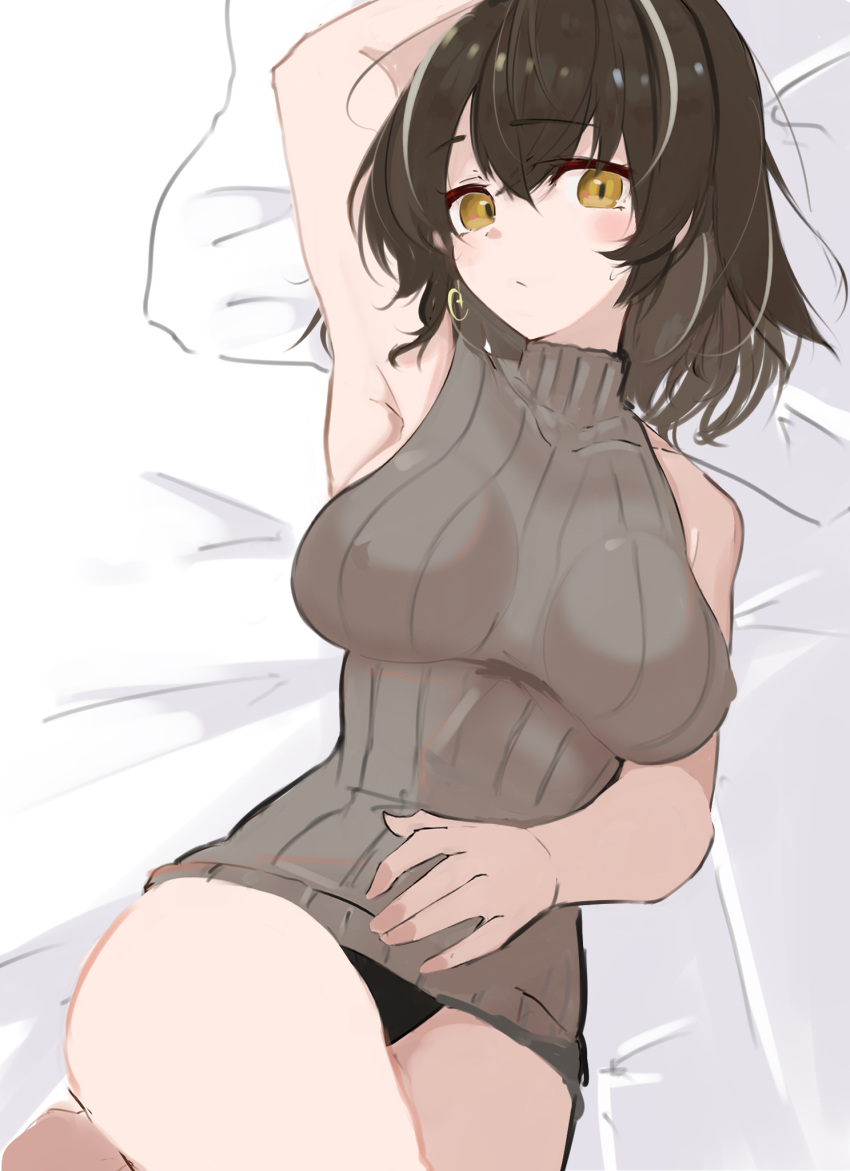 1girl arknights arm_above_head asususususu bangs bare_arms bare_shoulders black_hair black_panties blush breasts commentary_request cowboy_shot eyebrows_visible_through_hair grey_sweater hand_on_own_stomach highres large_breasts long_hair looking_at_viewer lying magallan_(arknights) multicolored_hair off-shoulder_sweater off_shoulder on_back panties pillow ribbed_sweater simple_background sleeveless_sweater solo streaked_hair sweater underwear very_long_hair white_hair yellow_eyes