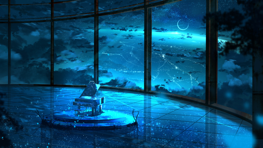 abisswalker8 above_clouds absurdres blue_moon blue_sky blurry city_lights clouds commentary crescent_moon floor highres horizon instrument moon no_humans original piano planet plant reflection rust scenery shooting_star sky star_(sky) starry_moon starry_sky tile_floor tiles weeds window