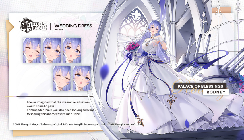 1girl artillery azur_lane bare_shoulders bouquet breasts bridal_veil bride dress english_commentary english_text expressions eyebrows_visible_through_hair flower full_body gloves hair_between_eyes holding holding_bouquet indoors kaede_(yumesaki_kaede) lace-trimmed_dress lace_trim large_breasts layered_dress long_dress official_alternate_costume official_art pink_flower pink_rose promotional_art purple_flower purple_hair purple_ribbon purple_rose ribbon rodney_(azur_lane) rodney_(palace_of_blessings)_(azur_lane) rose royal_navy_(emblem) sideboob sleeveless sleeveless_dress solo tiara turret veil violet_eyes white_dress white_gloves