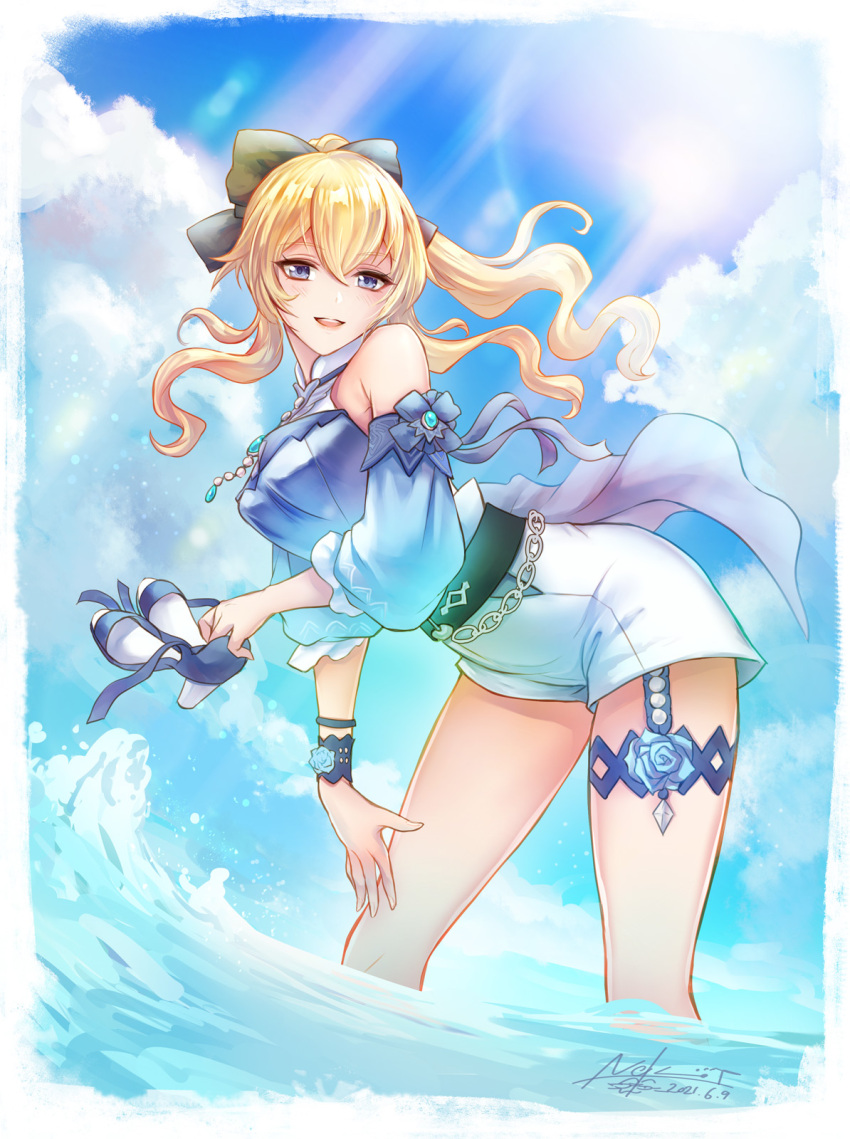 1girl bare_shoulders beach belt blonde_hair blouse blue_blouse blue_eyes blue_flower blue_rose blue_sky bow chain flower frilled_sleeves frills genshin_impact hair_bow half-closed_eyes high_heels highres jean_gunnhildr looking_at_viewer nekobayashi open_mouth partially_submerged ponytail rose shorts sky smile solo sunlight white_shorts