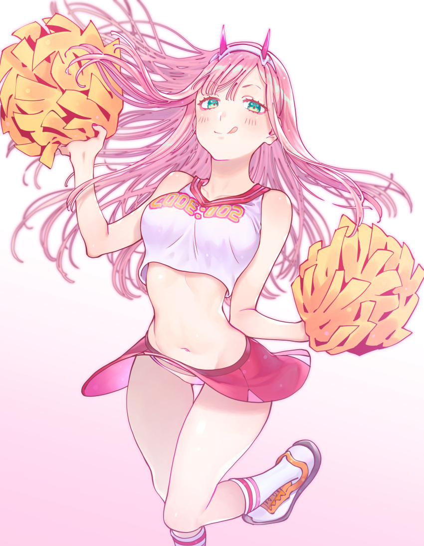 1girl :d absurdres bomhat breasts cheerleader darling_in_the_franxx gradient gradient_background green_eyes highres long_hair medium_breasts miniskirt open_mouth pink_background pink_hair pink_skirt pom_poms shirt skirt sleeveless smile solo very_long_hair white_shirt zero_two_(darling_in_the_franxx)