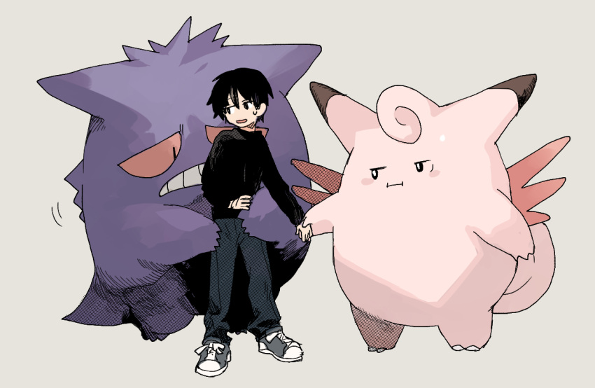 1boy :i bangs black_hair black_shirt blush_stickers clefairy commentary_request frown gen_1_pokemon gengar grey_background grey_footwear grey_pants hand_on_another's_hip holding_hand long_sleeves looking_back male_focus newo_(shinra-p) pants pokemon pokemon_(creature) pout sad shirt shoes short_hair simple_background sneakers standing sweatdrop teeth