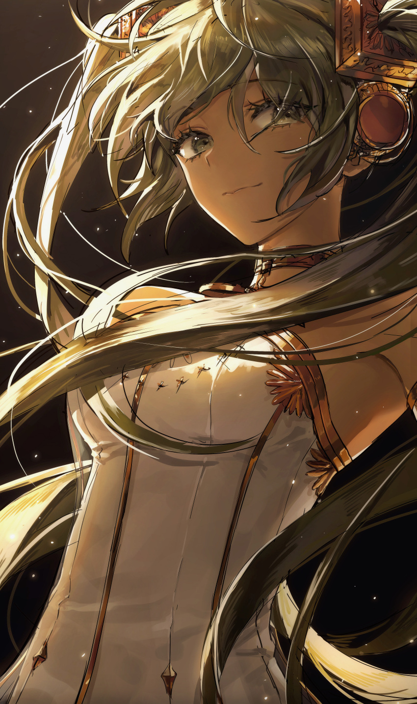 1girl 400_(34236795) absurdres arms_at_sides backlighting bare_shoulders breasts close-up closed_mouth dark_background dress eyebrows_visible_through_hair eyelashes eyes_visible_through_hair facing_viewer floating_hair gold_trim green_eyes green_hair half-closed_eyes hatsune_miku headphones highres jewelry light_particles light_smile long_hair medium_breasts miku_symphony_(vocaloid) neck_ribbon ribbon sideways_glance simple_background solo strapless strapless_dress twintails under_boob upper_body very_long_hair vocaloid white_dress
