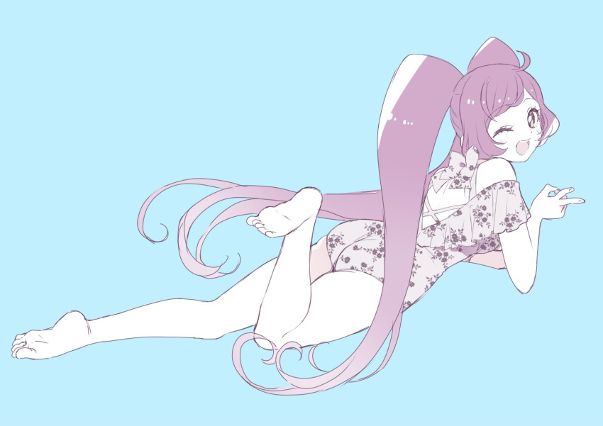 1girl bangs barefoot blush casual_one-piece_swimsuit commentary_request floral_print limited_palette long_hair looking_at_viewer lying manaka_lala on_stomach one-piece_swimsuit one_eye_closed pretty_(series) pripara purple_hair ribbon rn10r sidelocks simple_background solo swimsuit twintails v very_long_hair violet_eyes