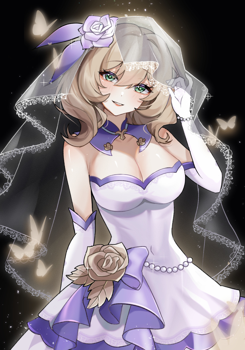 1girl breasts bride brown_hair dress duplicate elbow_gloves genshin_impact gloves green_eyes highres large_breasts lisa_minci looking_at_viewer smile solo wedding_dress xiao_xiao_chuan