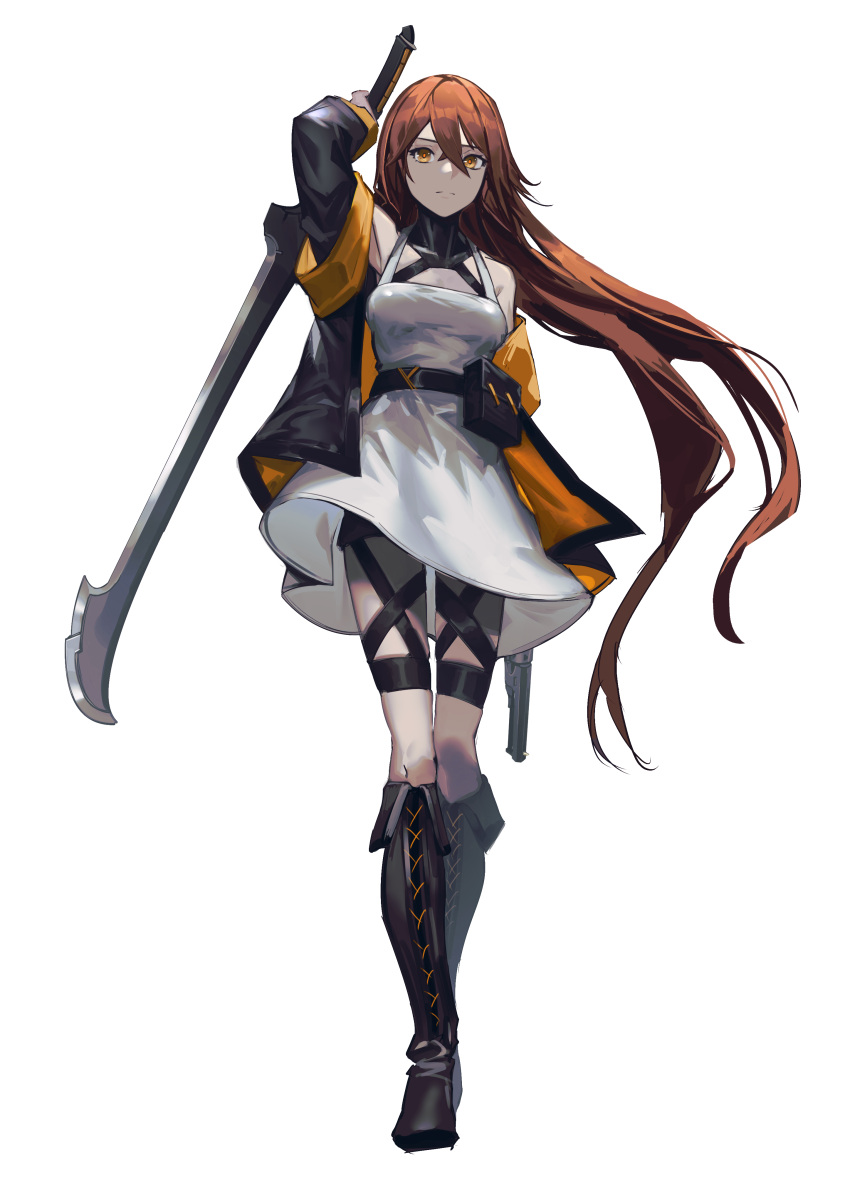 1girl absurdres arm_up bangs black_footwear black_jacket boots breasts brown_eyes brown_hair closed_mouth commentary_request cross-laced_footwear dress eyebrows_visible_through_hair fixro2n floating_hair full_body glaive hair_between_eyes highres holding holding_polearm holding_weapon jacket knee_boots lace-up_boots long_hair long_sleeves looking_at_viewer medium_breasts off_shoulder open_clothes open_jacket original polearm simple_background sleeveless sleeveless_dress solo very_long_hair weapon white_background white_dress