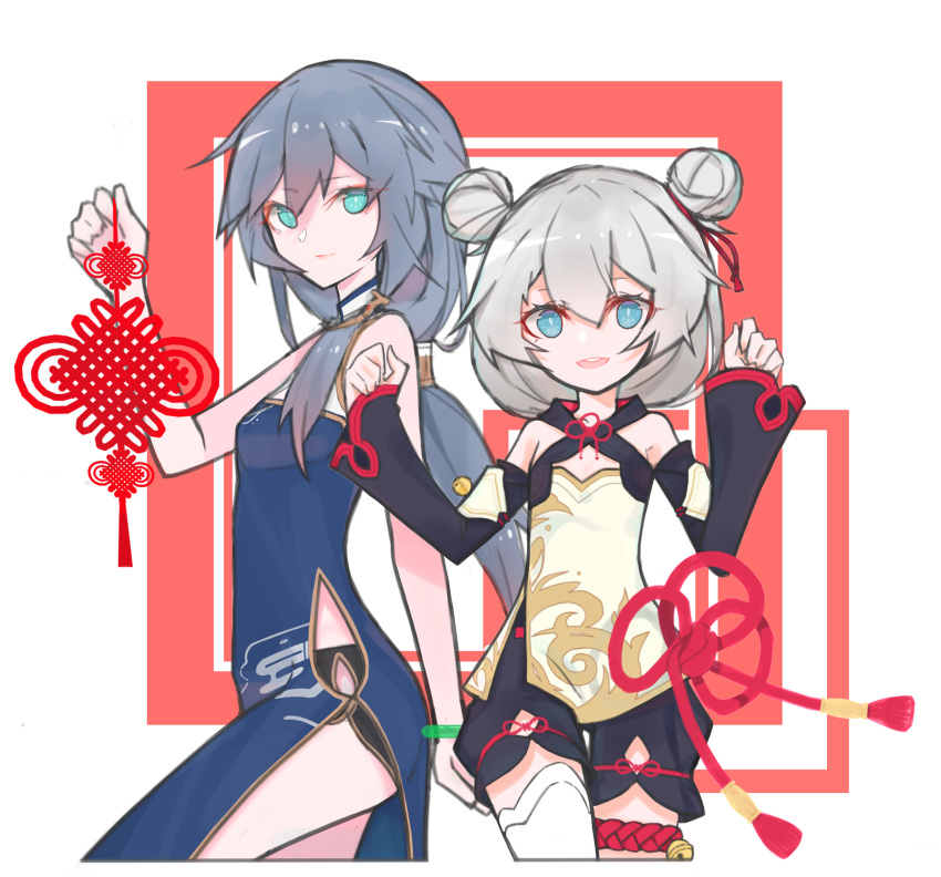 2girls black_hair blue_eyes china_dress chinese_clothes chinese_new_year closed_mouth double_bun dress error1980 fu_hua fu_hua_(valkyrie_accipter) hair_between_eyes highres holding honkai_(series) honkai_impact_3rd long_sleeves looking_at_viewer multiple_girls new_year open_mouth ponytail simple_background smile theresa_apocalypse theresa_apocalypse_(valkyrie_pledge) white_background white_hair