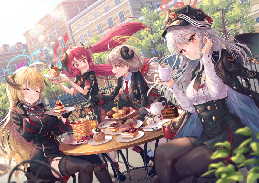 4girls ahoge akari_(blue_archive) blue_archive breasts building closed_eyes commentary_request food gloves haruna_(blue_archive) hat hirokazu_(analysis-depth) horns izumi_(blue_archive) junko_(blue_archive) long_hair military military_uniform multiple_girls pancake pantyhose revision sitting smile sweets thigh-highs twintails uniform