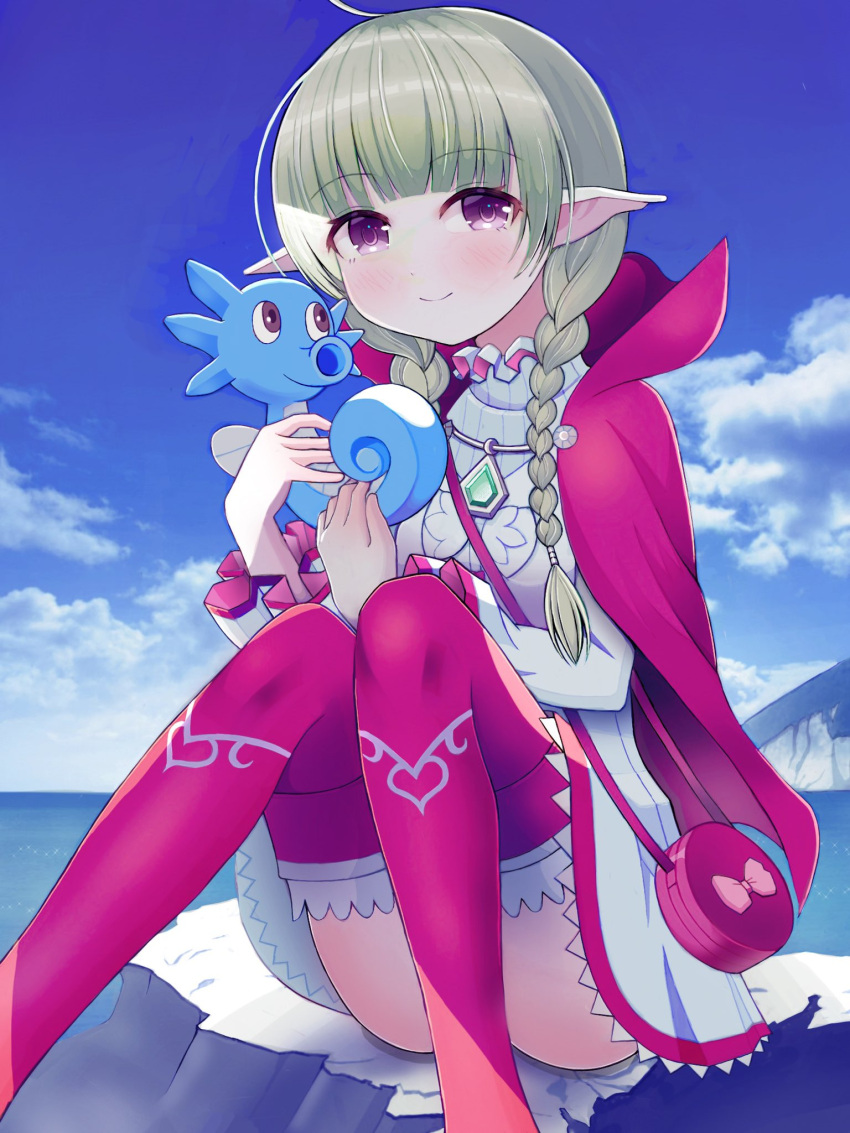 1girl braid closed_mouth commission fire_emblem fire_emblem_awakening gen_1_pokemon green_hair highres holding holding_pokemon horsea looking_at_viewer mikoko1 nah_(fire_emblem) ocean outdoors pointy_ears pokemon pokemon_(creature) pokemon_(game) seahorse skeb_commission thigh-highs twin_braids violet_eyes