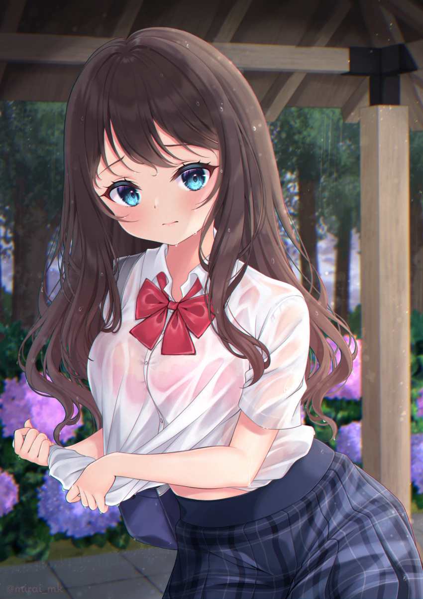 1girl bangs black_hair blue_eyes blue_flower blue_skirt blurry blurry_background bow bra bra_through_clothes breasts brown_hair closed_mouth collared_shirt commentary_request day depth_of_field dress_shirt eyebrows_visible_through_hair flower highres hydrangea long_hair medium_breasts mirai_(happy-floral) original outdoors pink_bra pink_flower plaid plaid_skirt pleated_skirt rain red_bow school_uniform see-through shirt skirt solo tree underwear very_long_hair wet wet_hair white_shirt wringing_clothes