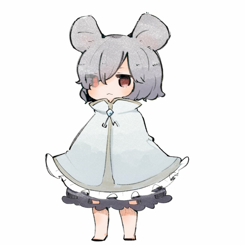 1girl animal_ears black_dress capelet chibi commentary_request dress full_body grey_hair highres jewelry kurotaro mouse_ears nazrin pendant red_eyes short_hair simple_background solo touhou white_background