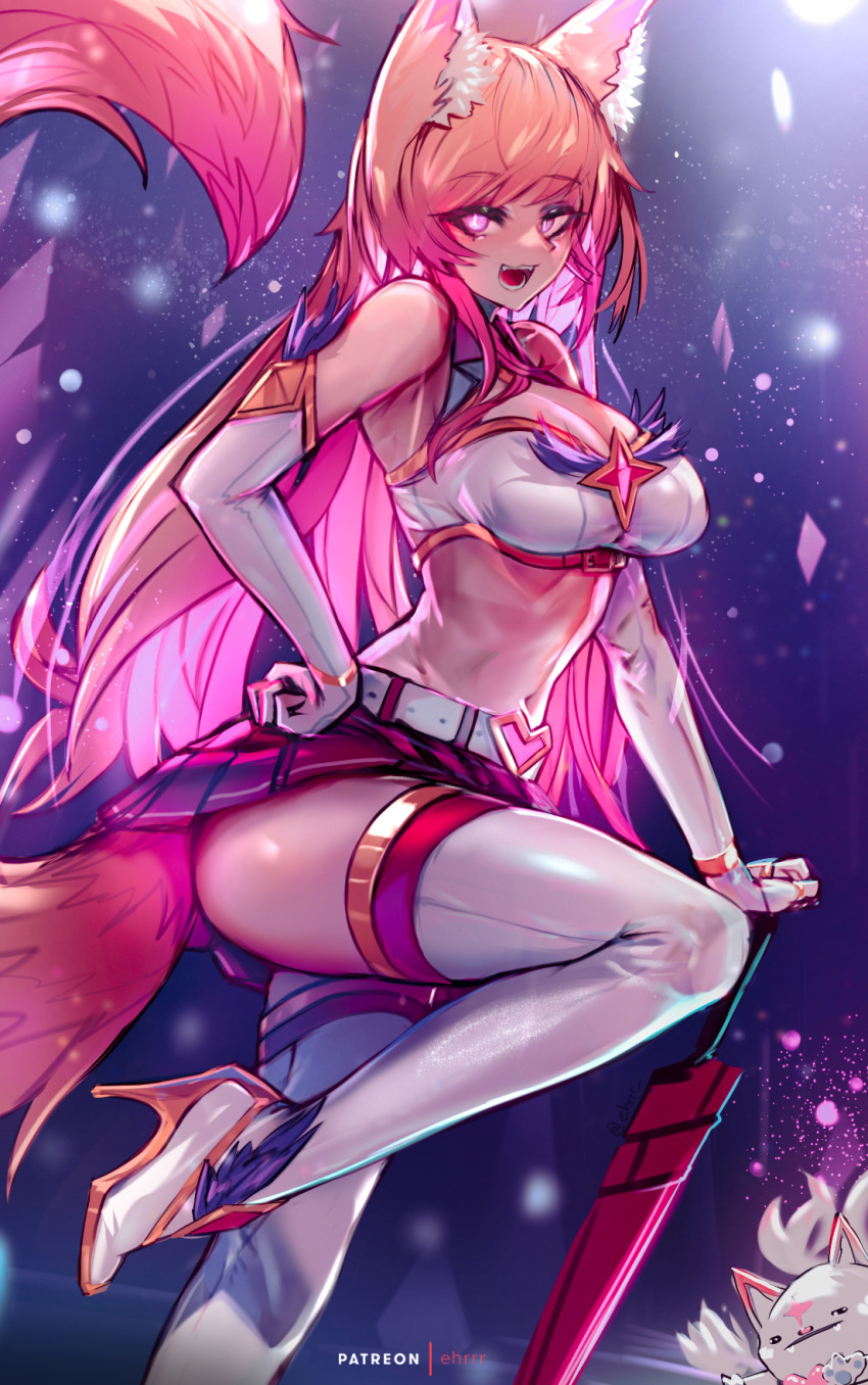 1girl :d ahri animal_ear_fluff animal_ears bangs bare_shoulders boots breasts cleavage_cutout clothing_cutout commentary ehrrr elbow_gloves english_commentary eyebrows_visible_through_hair fox_ears fox_girl fox_tail gloves gradient_hair hand_on_hip high_heel_boots high_heels highres large_breasts league_of_legends long_hair looking_at_viewer midriff miniskirt multicolored_hair navel open_mouth orange_hair pink_eyes pink_hair pleated_skirt shirt skirt sleeveless sleeveless_shirt slit_pupils smile solo standing standing_on_one_leg star_guardian_(league_of_legends) star_guardian_ahri tail thigh-highs thigh_boots very_long_hair white_footwear white_gloves