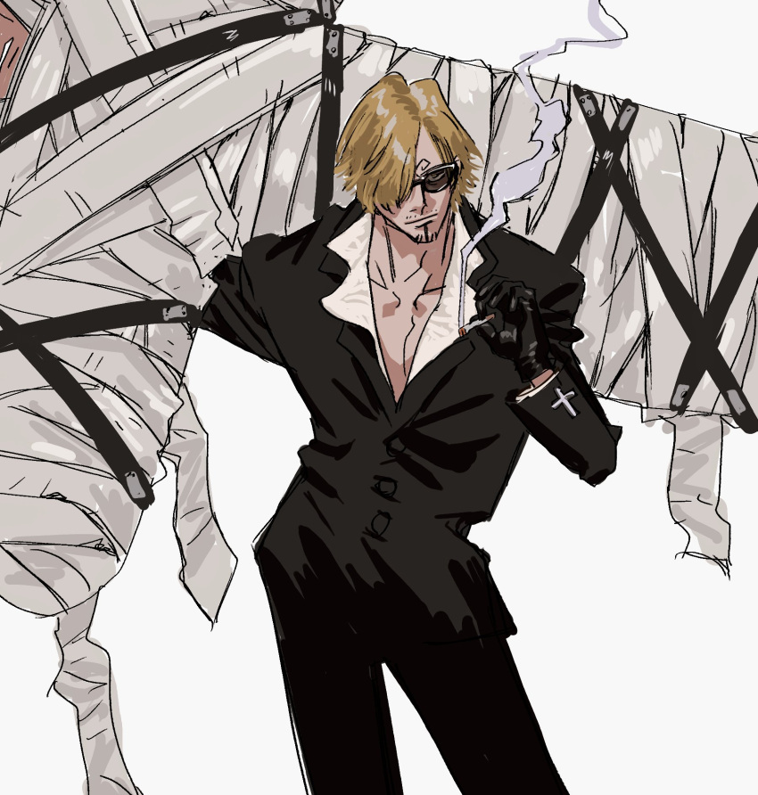 2boys bandages beard blonde_hair carrying cigarette closed_mouth collarbone facial_hair formal gloves head_out_of_frame highres holding holding_cigarette jacket jinnnnai long_sleeves male_focus multiple_boys one_piece over_shoulder pants roronoa_zoro sanji short_hair simple_background smoke solo_focus spoilers standing suit suit_jacket sunglasses white_background